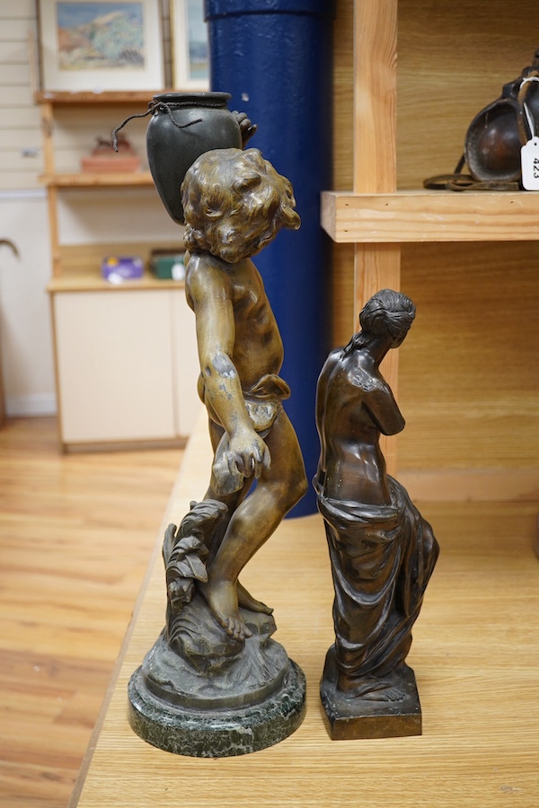 After Auguste Moreau, a 19th century French bronzed spelter figure of an amorini carrying a water pitcher, ‘’Le Ruisseau’’, and another of Venus de Milo (2). Condition - fair to good